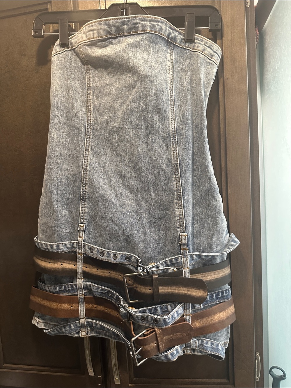 Fashion Nova Light Blue Denim Mini Skirt with Brown Belts